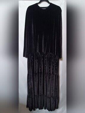 KMW Black Velvet Long Sleeve Dress with Star Embellishments. Size XL/ TG